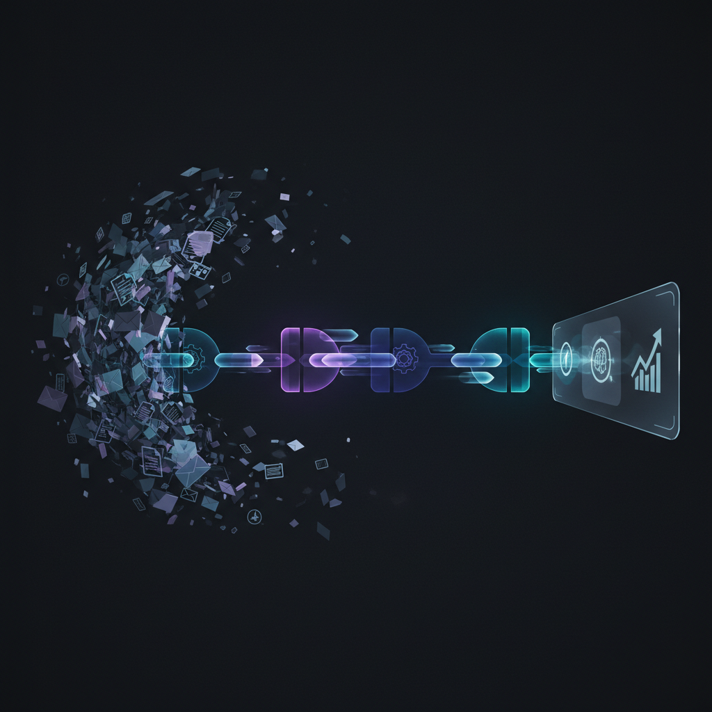 A professional looking confidently at a dashboard displaying productivity metrics with AI icons floating around