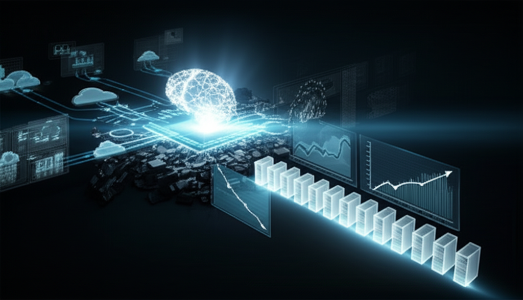 A conceptual image illustrating the convergence of AI, cloud infrastructure, and data analytics to optimize enterprise resources, with graphs showing cost savings and efficiency gains.