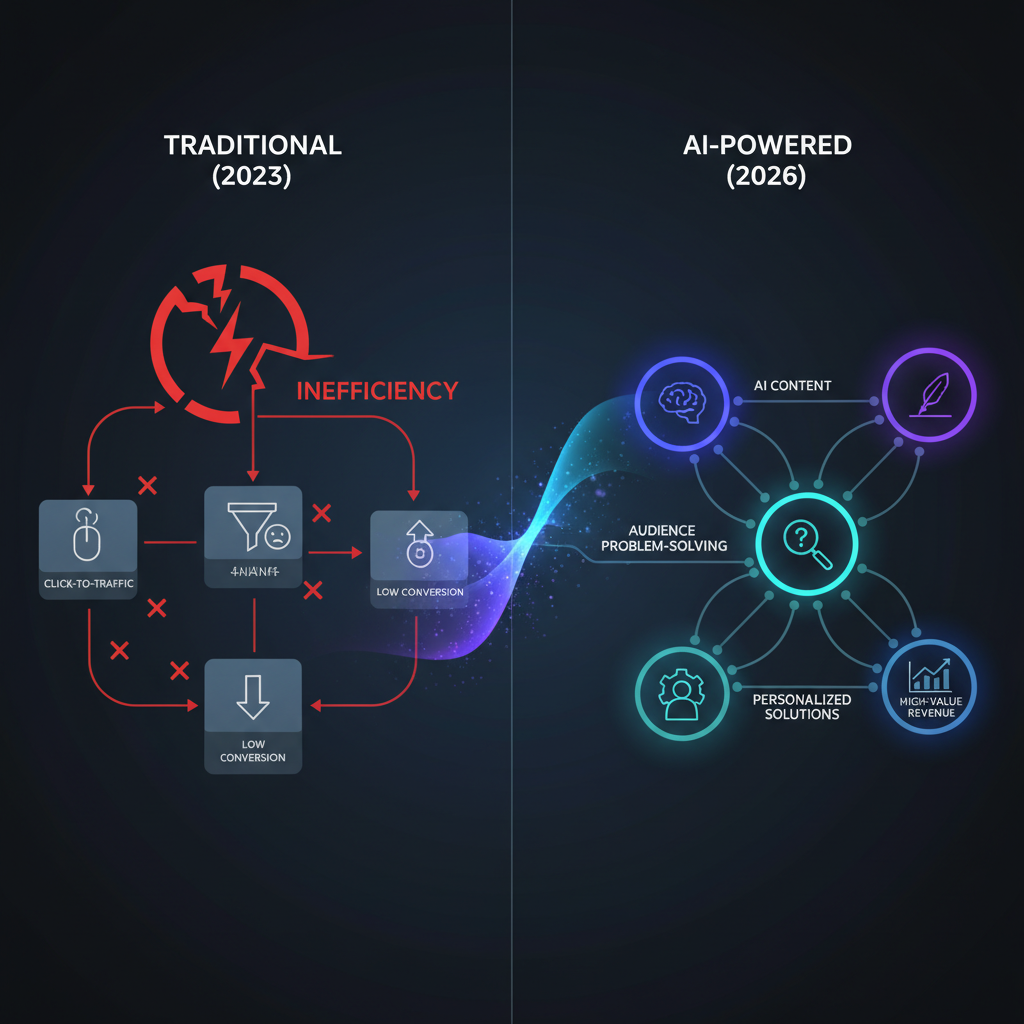 A futuristic cityscape with AI-powered robots and digital interfaces, symbolizing the evolution of AI and digital marketing in 2026.