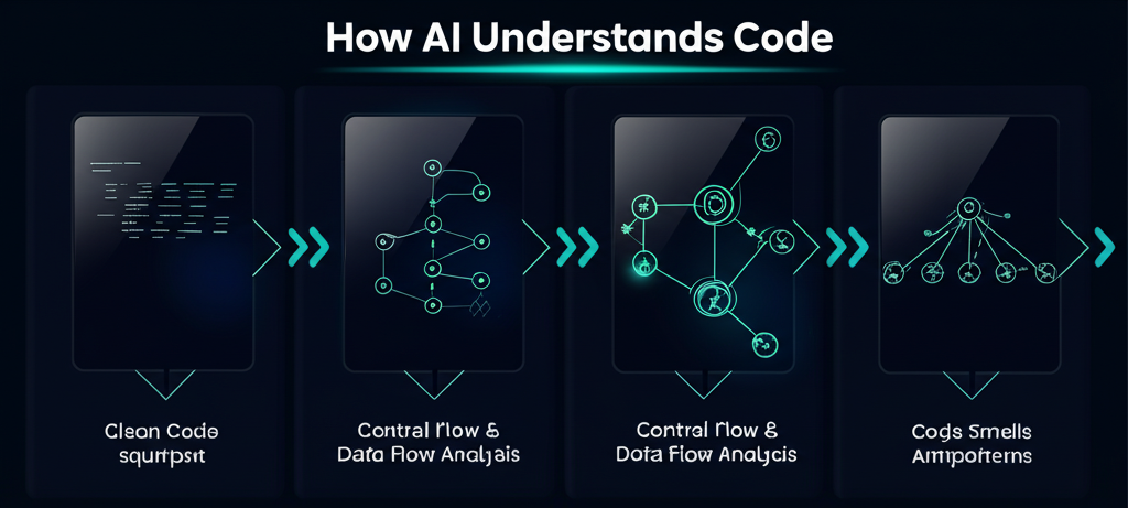 Diagram showing an AI model analyzing code, identifying smells, and suggesting refactoring solutions