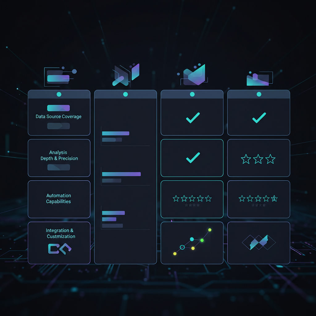 A user interface showing a comparison of three different AI competitor analysis tools, with features highlighted side-by-side