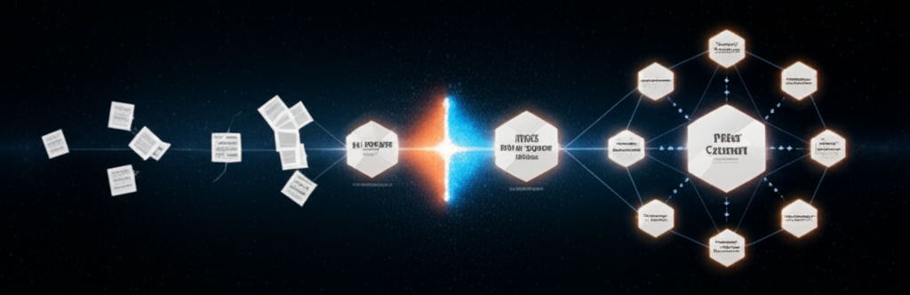 A futuristic cityscape with data streams flowing upwards, symbolizing the evolving digital landscape and SEO