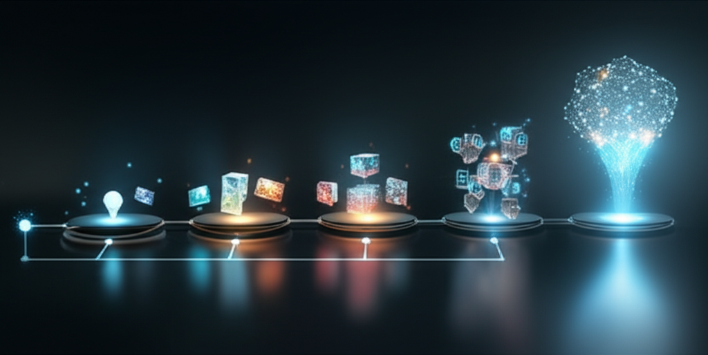 A complex web of interconnected nodes, illustrating a content cluster strategy with AI elements