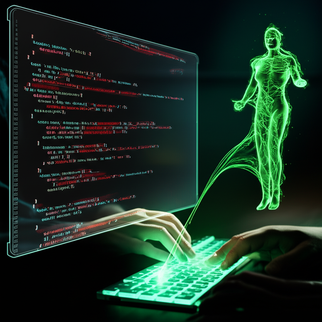 미래 개발 환경에서 AI와 개발자가 함께 협업하여 코드 문제를 해결하는 모습