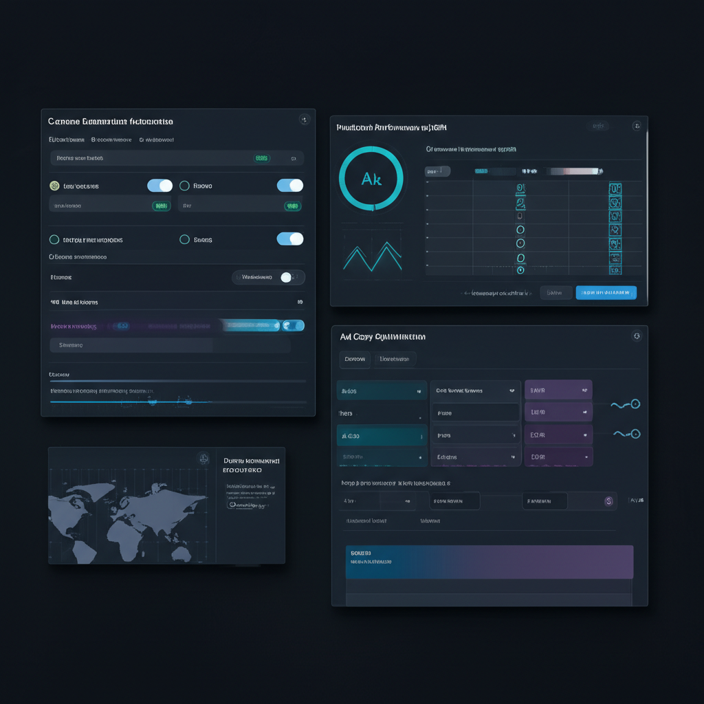 데이터 분석 대시보드와 AI 최적화 아이콘들이 연결된 모습