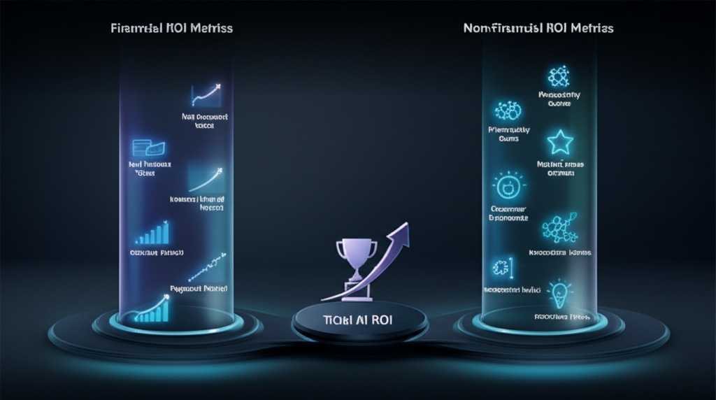 A balanced scale with "Financial ROI" on one side and "Non-Financial ROI" on the other, indicating equilibrium.