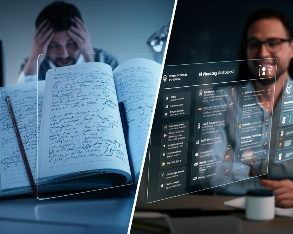 A futuristic office worker smiling as an AI assistant efficiently generates meeting minutes on a transparent screen