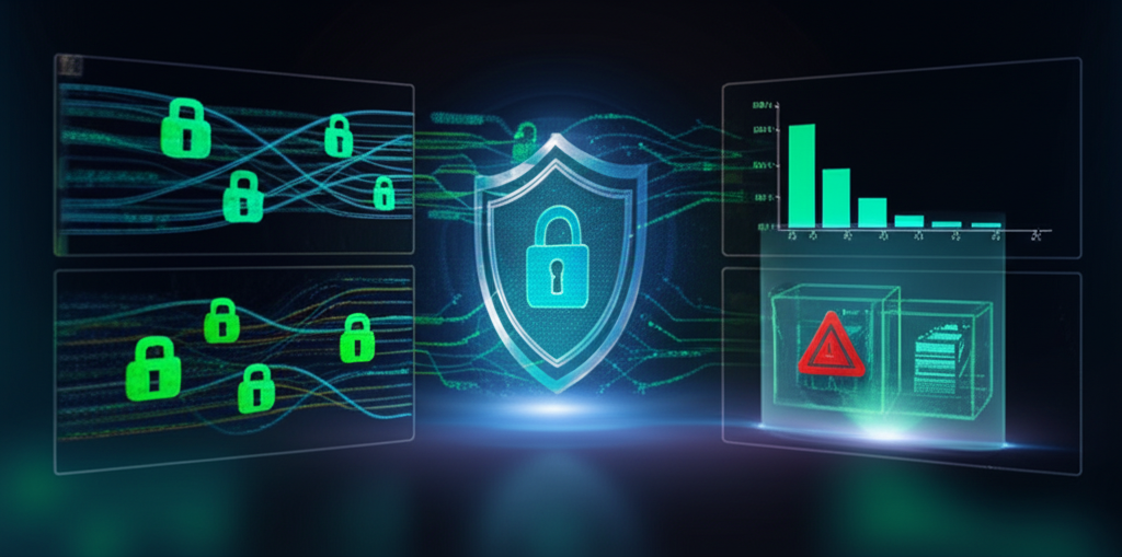 A padlock icon overlaid on a network diagram, symbolizing data security and privacy for AI-powered meeting minutes