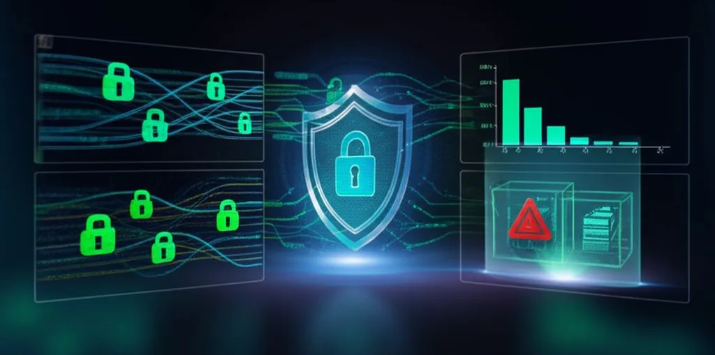 A padlock icon overlaid on a network diagram, symbolizing data security and privacy for AI-powered meeting minutes