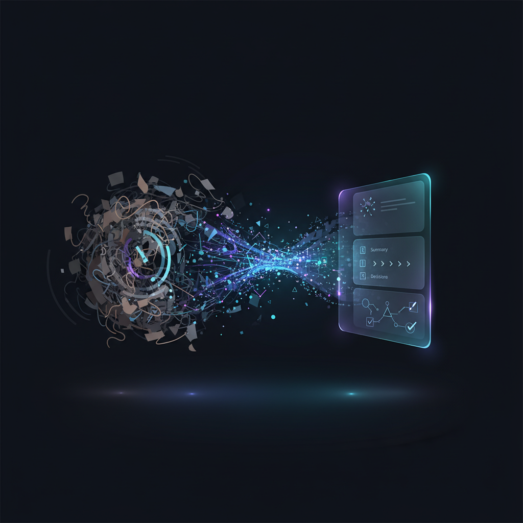 A futuristic office meeting where participants are actively discussing, while a holographic AI assistant in the center automatically transcribes and summarizes their conversation on a sleek transparent screen.