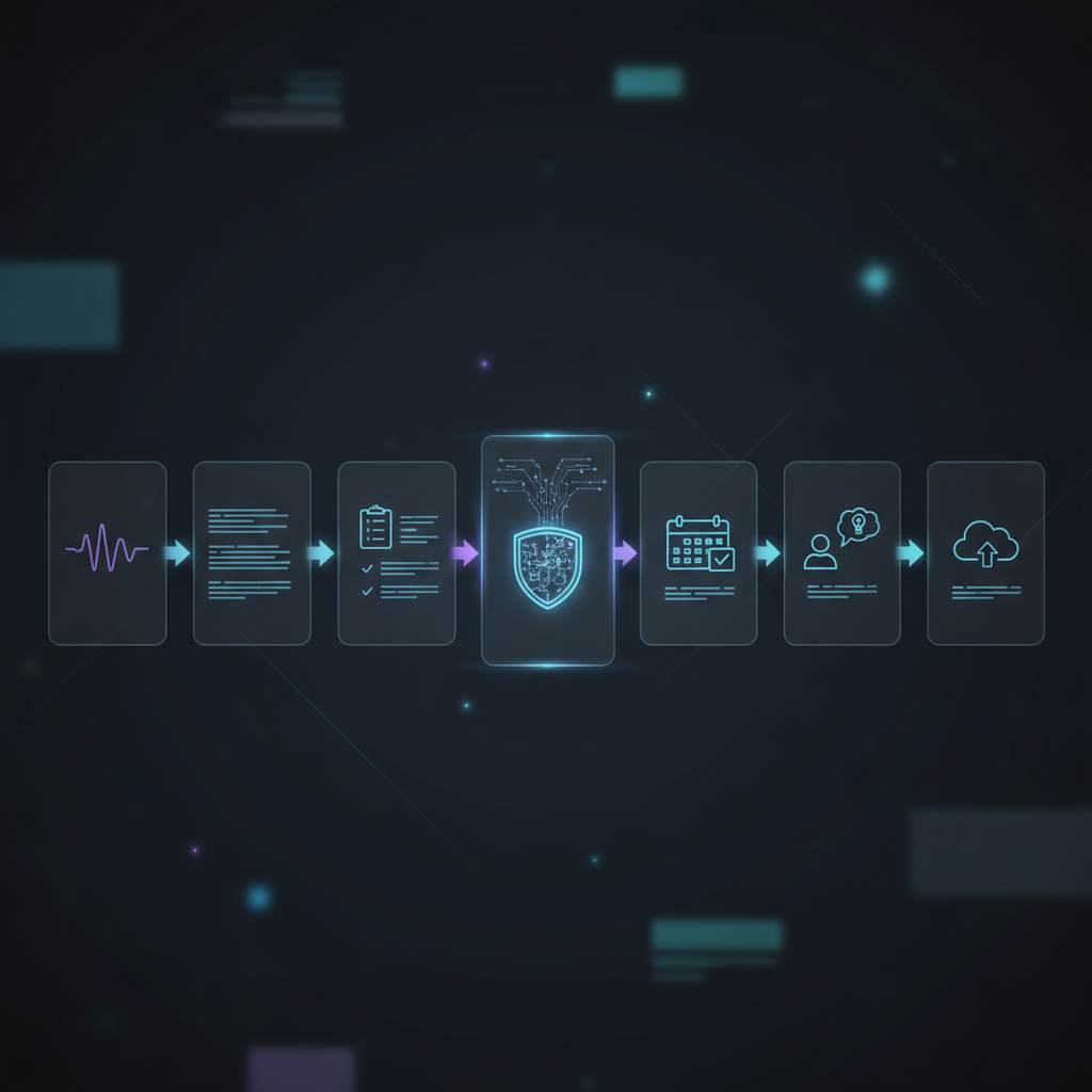 A person at a desk is reviewing an AI-generated meeting summary on a tablet, with a project management dashboard visible on a larger monitor in the background.