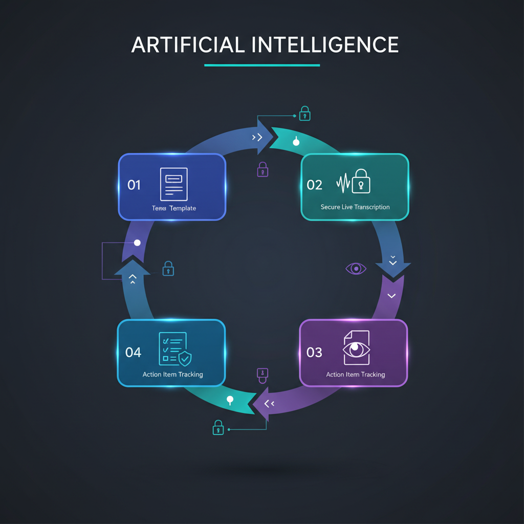 A digital whiteboard displaying an AI meeting summary with action items, decision points, and a feedback section, ready for team collaboration.