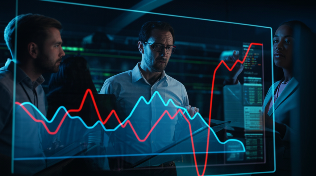 A team of data scientists and business analysts collaboratively reviewing drift detection dashboards.