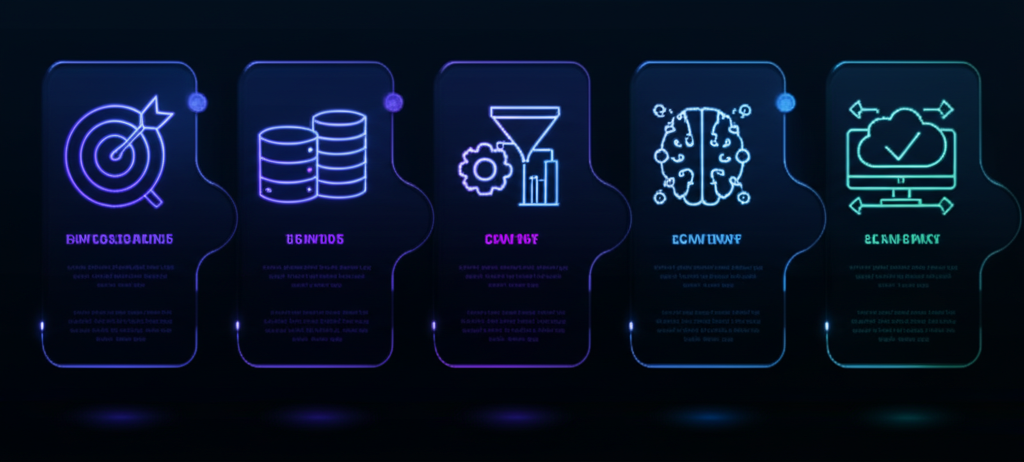 A detailed flowchart illustrating the step-by-step process of building an an AI predictive model, including data collection, preprocessing, feature engineering, model training, evaluation, and deployment, with arrows indicating flow.