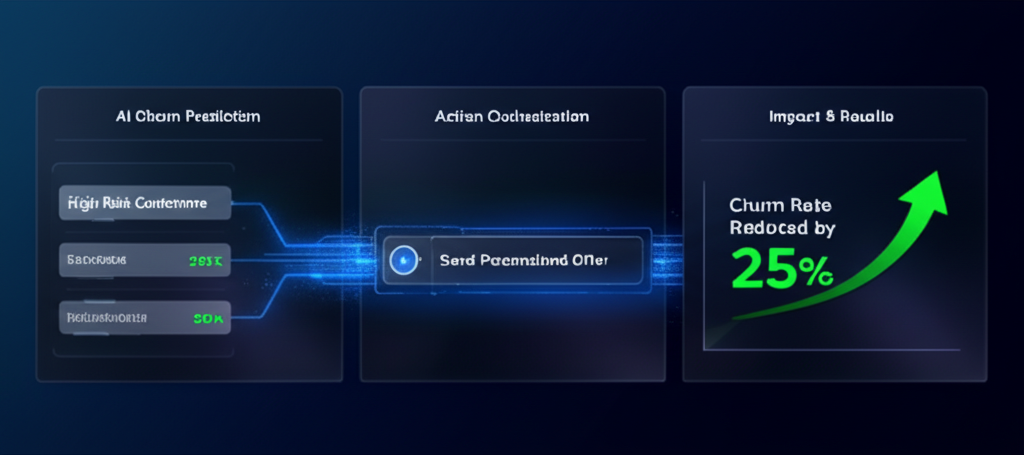 A vibrant flowchart showing how AI predictions lead to specific business actions. It depicts "AI Prediction" feeding into "Targeted Campaigns," "Proactive Support," and "Product Improvements," with "Churn Reduction" and "LTV Increase" as the final outcomes.