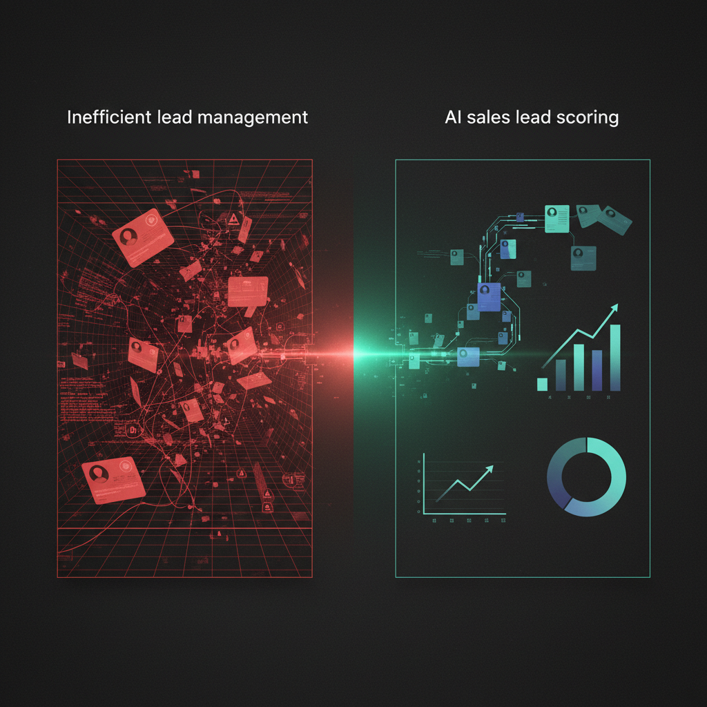A digital dashboard showing lead scores, customer segmentation, and predictive analytics in a modern UI