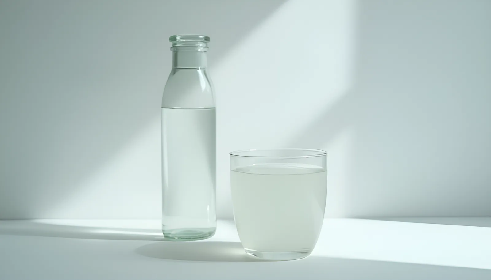 매끄러운 유리병에 담긴 맑은 물이 옆의 반투명한 잔으로 한 방울씩 정제되어 옮겨지는 정물, 부드러운 측면광 — 딱딱한 직역을 자연스러운 문장으로 다듬는 번역 품질의 은유