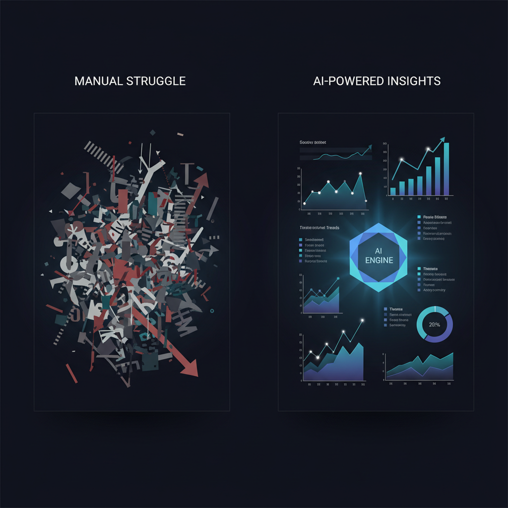 Illustration of a person looking exhausted trying to manually categorize piles of customer feedback papers, surrounded by laptops displaying complex spreadsheets.