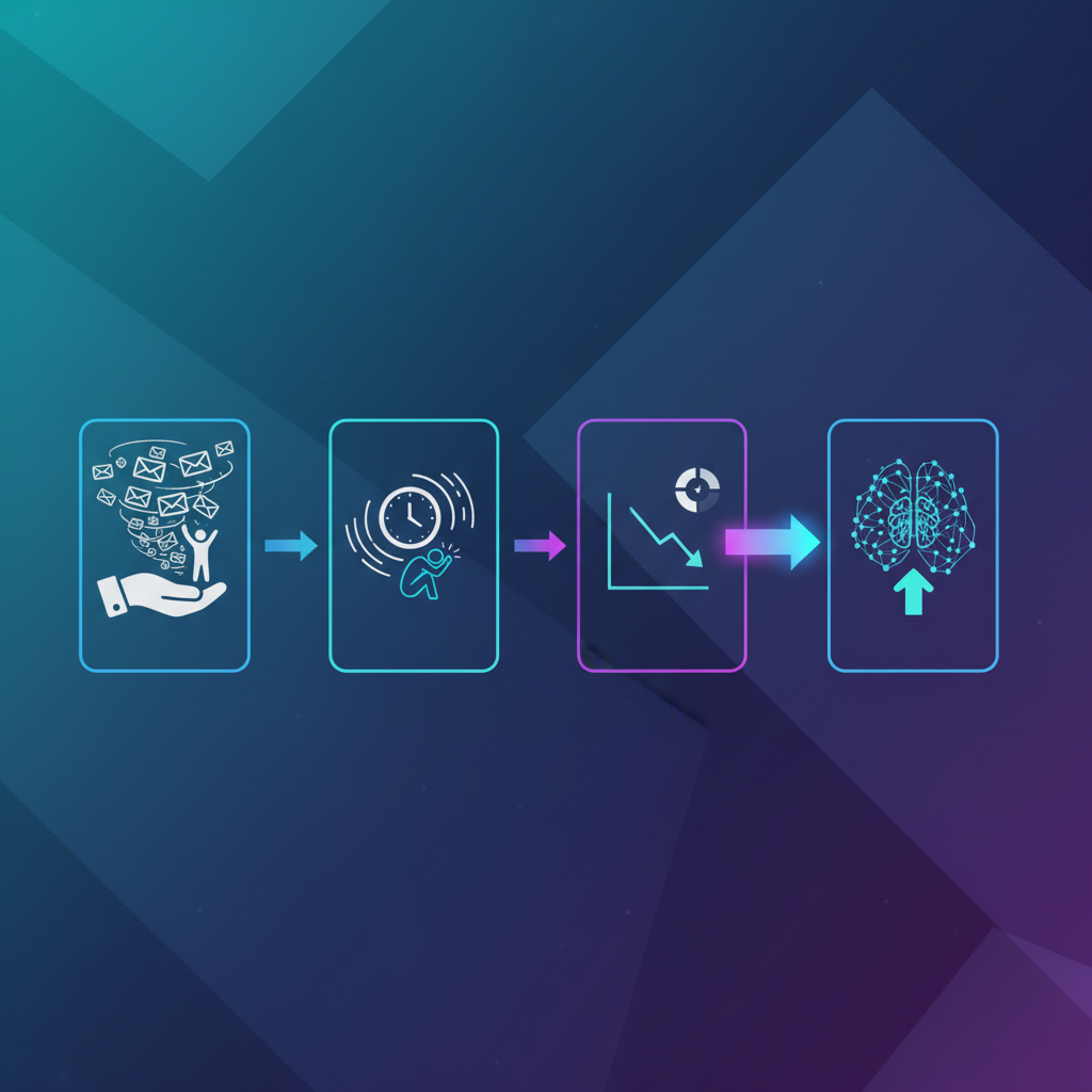 A person overwhelmed by a flood of email icons on a computer screen, looking stressed.