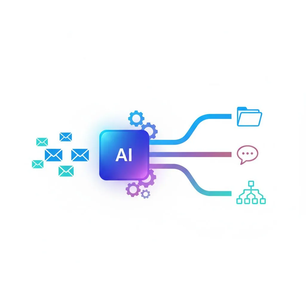 A flowchart showing different email automation scenarios, including routing to CRM, generating reports, and sending personalized replies.