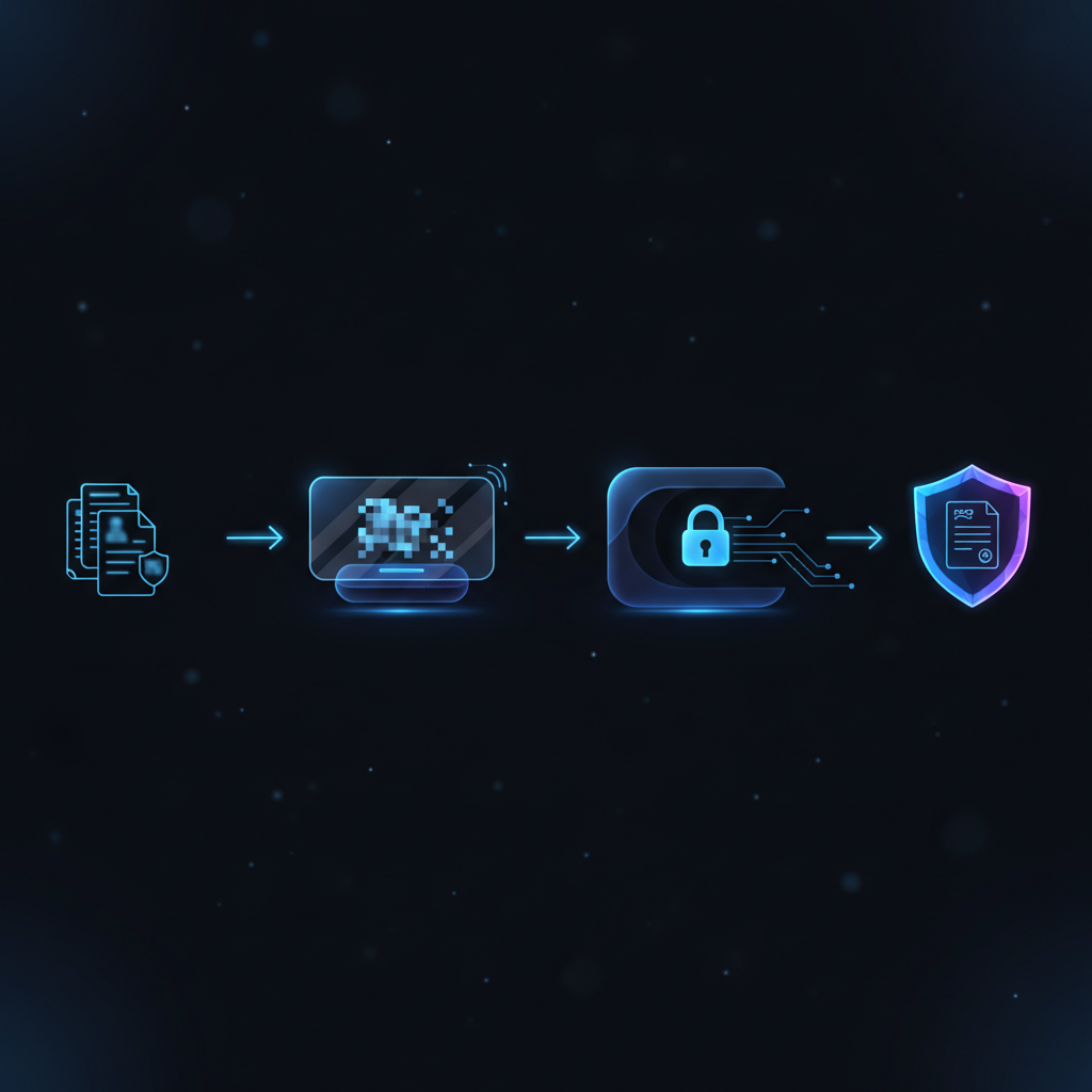 A person reviewing security protocols on a computer screen, with a lock icon overlaid on data