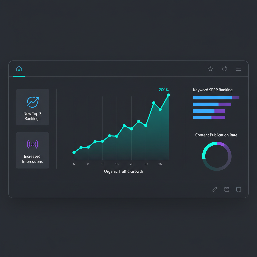 A dashboard view showing various integrated tools (ChatGPT, CMS, analytics), representing a streamlined automation setup