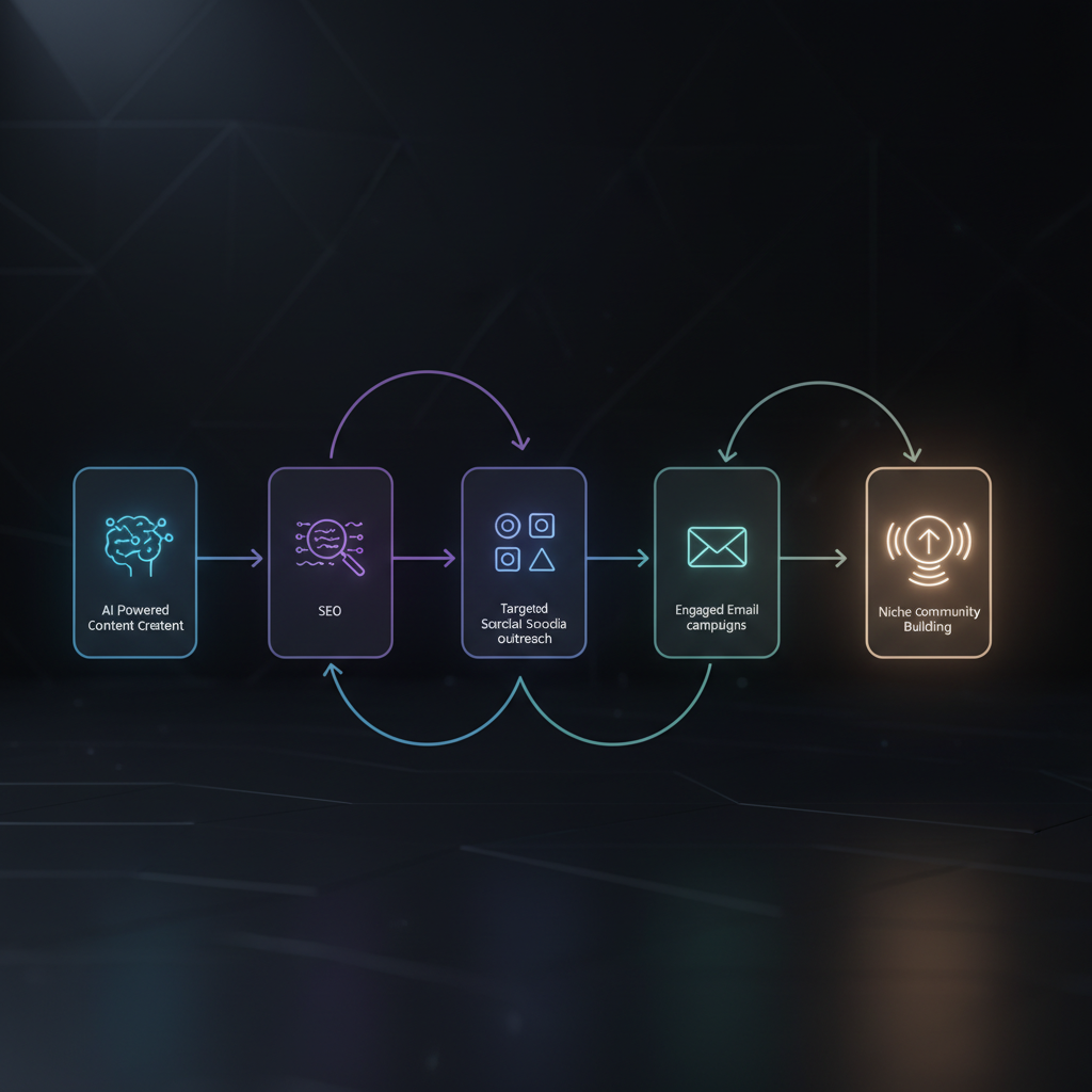 A flowchart showing different distribution channels for blog content, like SEO, social media, email, and communities.