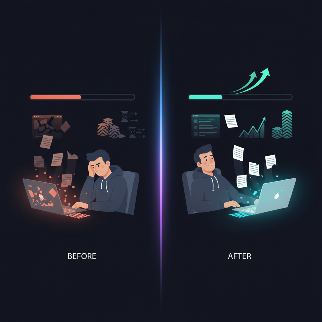 한 블로거가 노트북 앞에서 글쓰기 고민을 하는 모습, 옆에 ChatGPT 로고가 희미하게 보인다