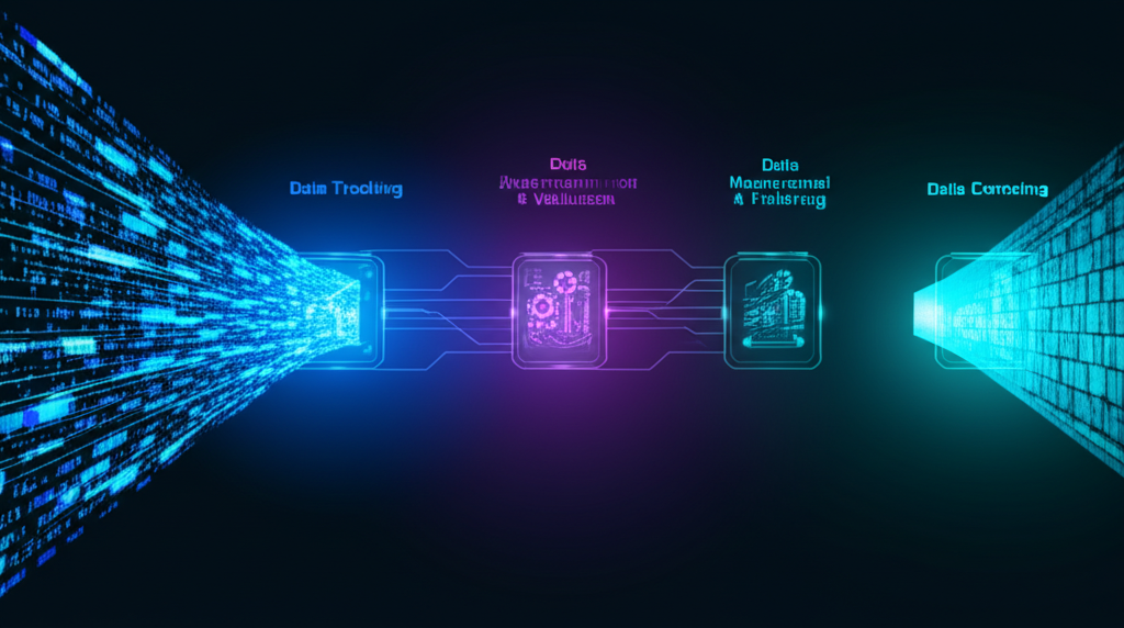 Data quality metrics dashboard showing high quality scores, with security and ethical compliance icons