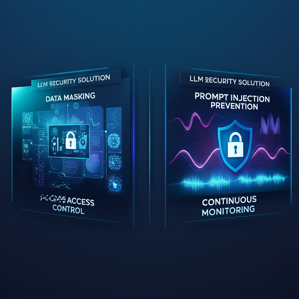 A comparative chart showing different LLM security solutions with icons representing features like data masking, prompt injection prevention, and access control.