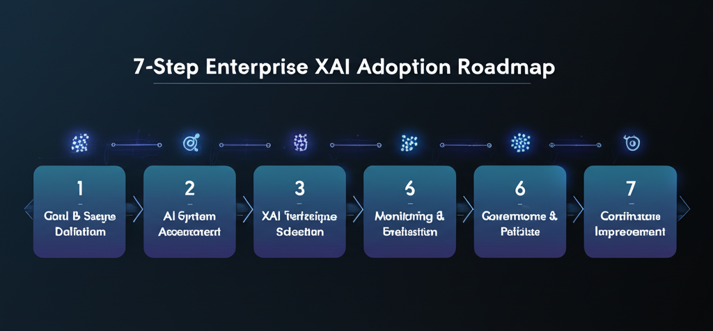 A flowchart showing a company's AI governance framework, with interconnected nodes for XAI, data privacy, ethics, and regulatory compliance, leading to "Trusted AI".