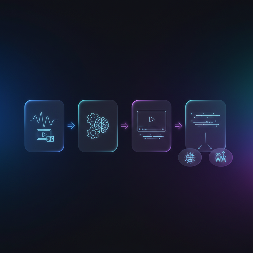 A step-by-step infographic showing how to upload an audio file, process it with AI, edit the text, and export it, with icons for each step.