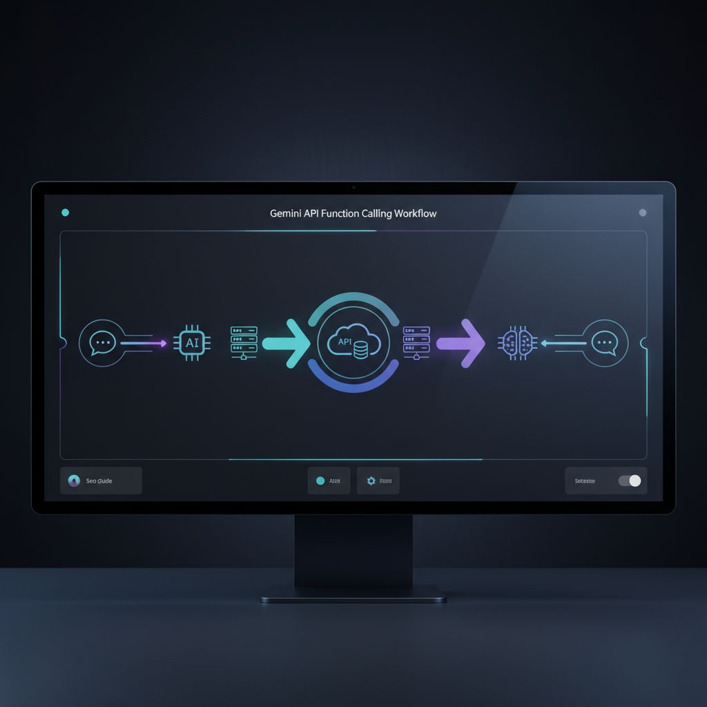 Gemini API 함수 호출의 작동 과정을 시각적으로 보여주는 흐름도. 사용자의 질문에서 시작하여 모델의 함수 호출 제안, 실제 함수 실행, 그리고 최종 응답까지의 단계를 화살표로 연결