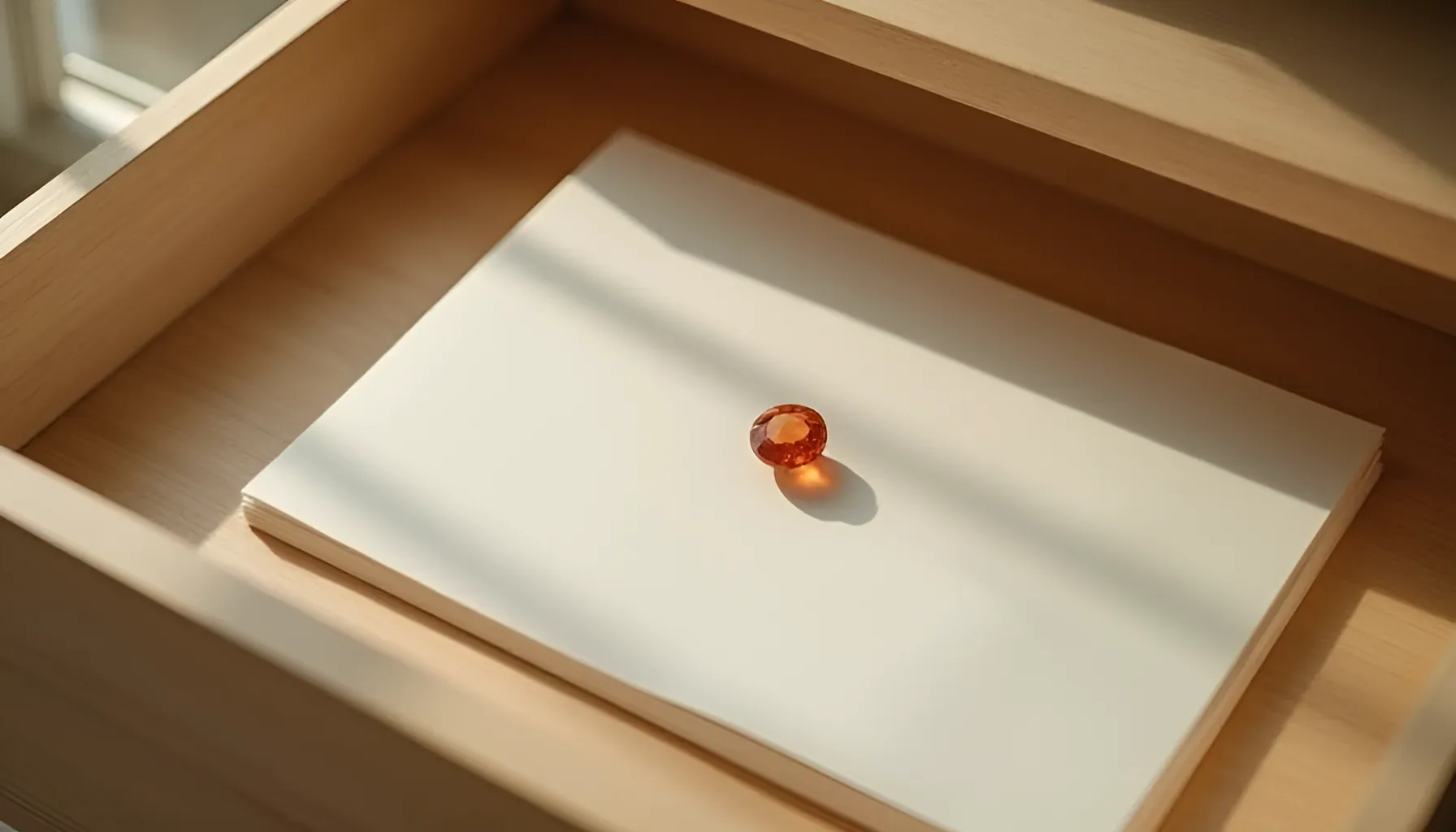 잘 정리된 서랍 안에 몇 장의 문서와 광택 나는 보석이 나란히 놓여 서로 연결된 듯 배치된 정물 — Gem에 핵심 지식 자료만 골라 연결해두는 모습을 은유한 장면