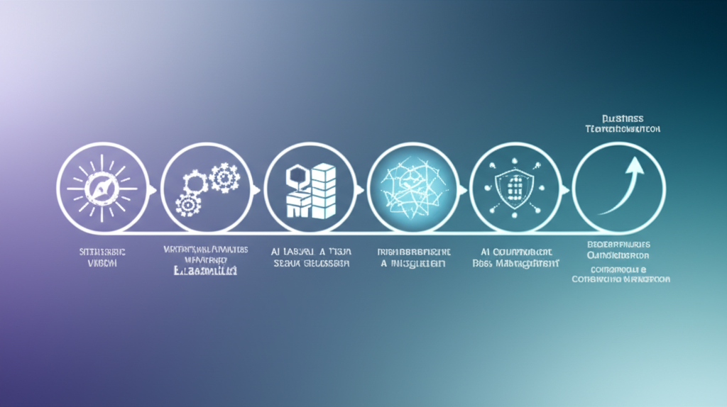A futuristic office environment with various business workflows visually interconnected by glowing AI network lines.
