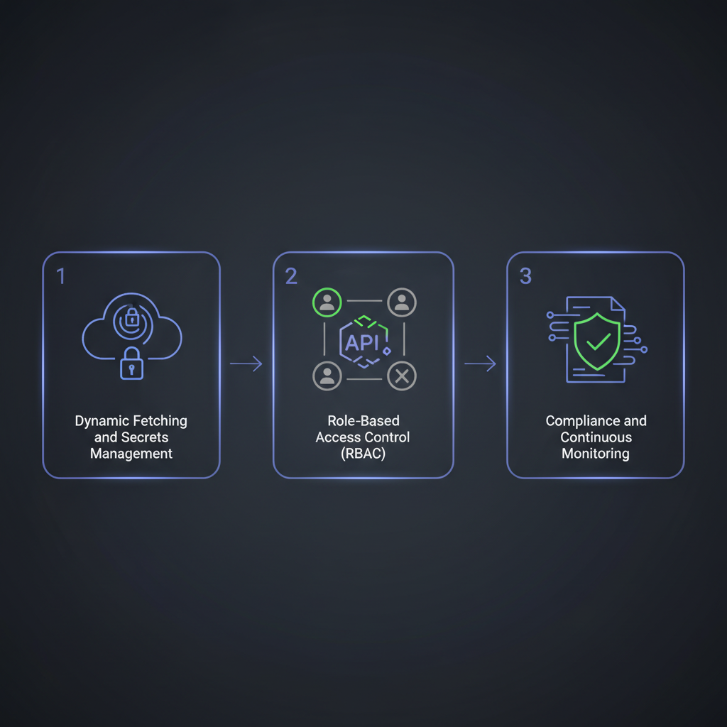 Diagram showing API keys stored in a Google Secret Manager, accessed by different services (web app, mobile app, backend) with proper IAM roles.