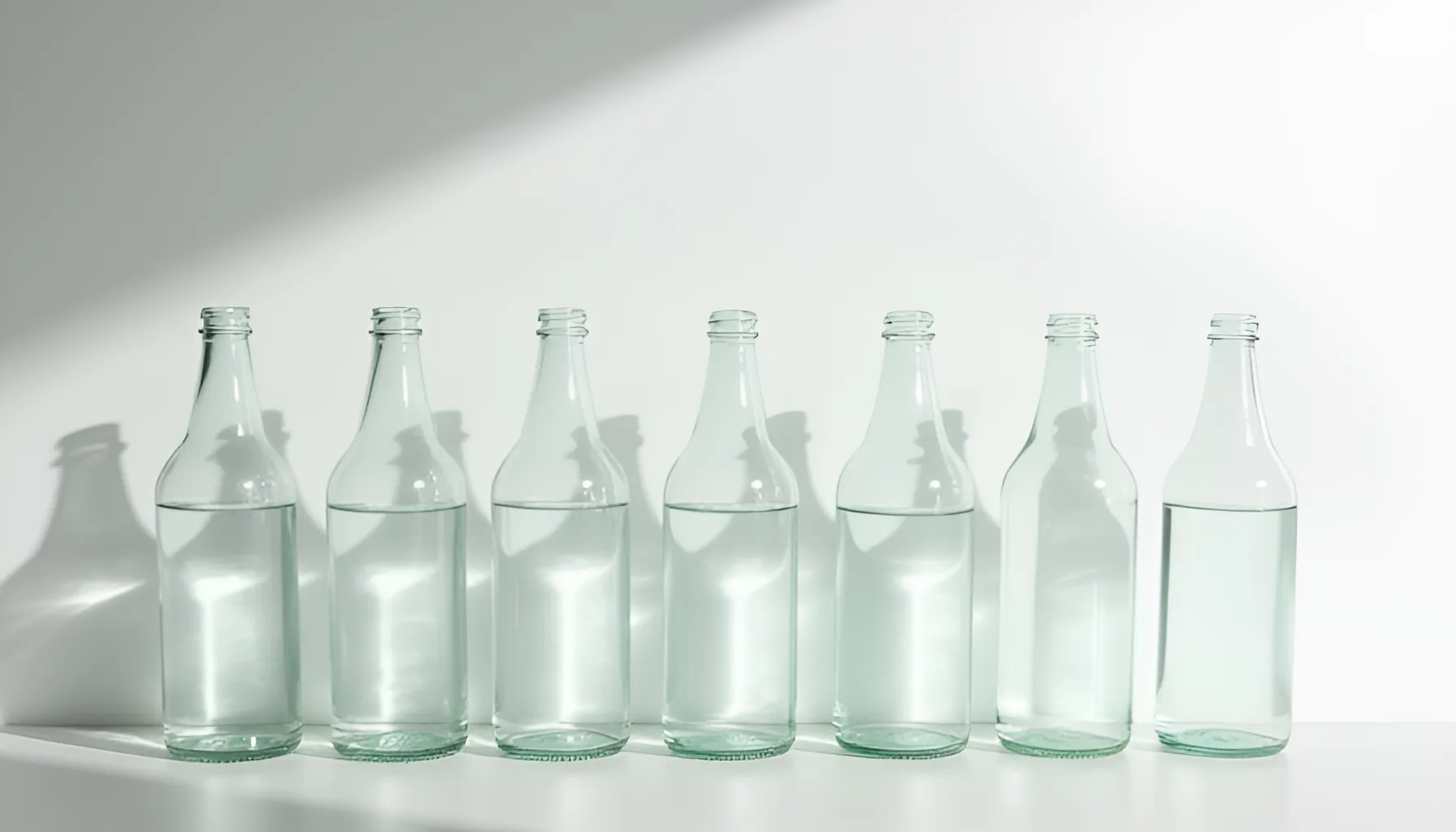 옅은 회백색 벽 앞에 한 줄로 늘어선 라벨 없는 투명 유리병들, 물이 든 병과 빈 병이 섞여 있고 병목 그림자가 벽에서 서로 겹치는 정물