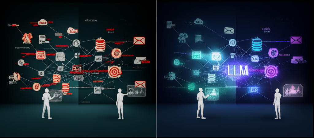 A futuristic office worker effortlessly interacts with a holographic interface displaying a knowledge management system, surrounded by glowing data points, symbolizing easy access to information.