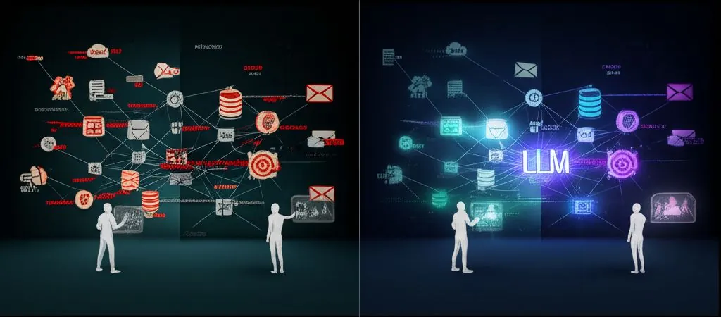 A futuristic office worker effortlessly interacts with a holographic interface displaying a knowledge management system, surrounded by glowing data points, symbolizing easy access to information.
