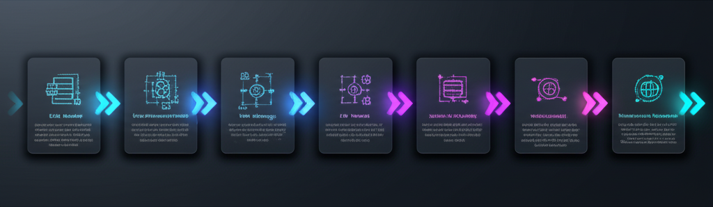 A detailed flowchart showing 7 distinct steps for building an LLM-based knowledge system, with arrows indicating progression from planning to optimization.