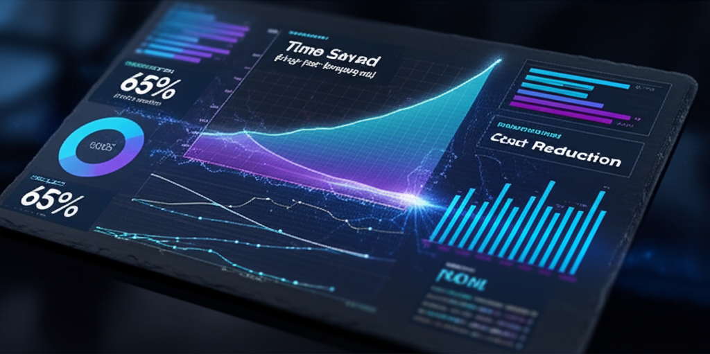A professional in a modern office, confidently presenting a dashboard showing significant ROI metrics and growth charts attributed to an AI knowledge system.