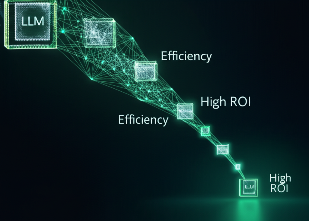 A graph showing a sharp decline in LLM inference costs over time, with annotations highlighting efficiency and ROI.