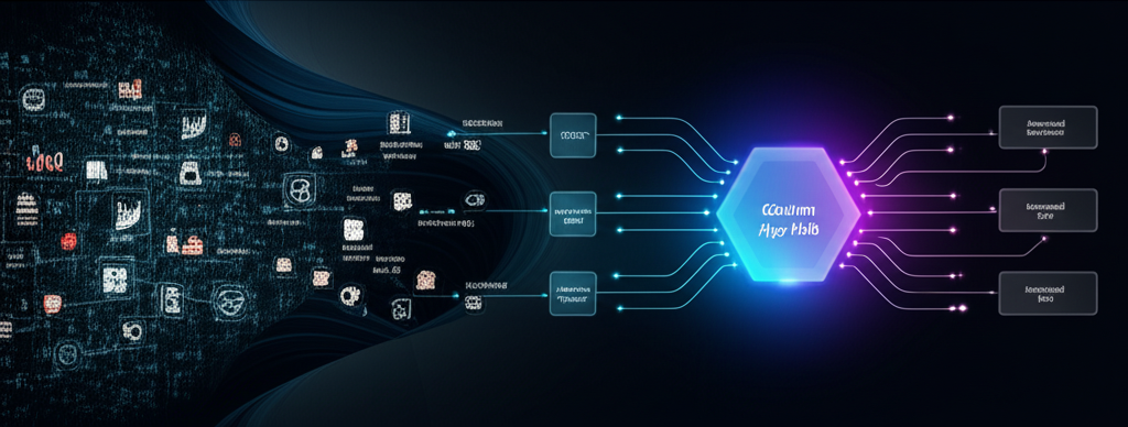 A conceptual diagram showing various disparate legacy systems and SaaS tools connected by a central 'Make Custom App' hub, flowing data seamlessly.