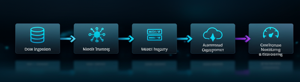 A clear infographic showing the MLOps lifecycle from data to deployment and monitoring, with arrows indicating continuous flow