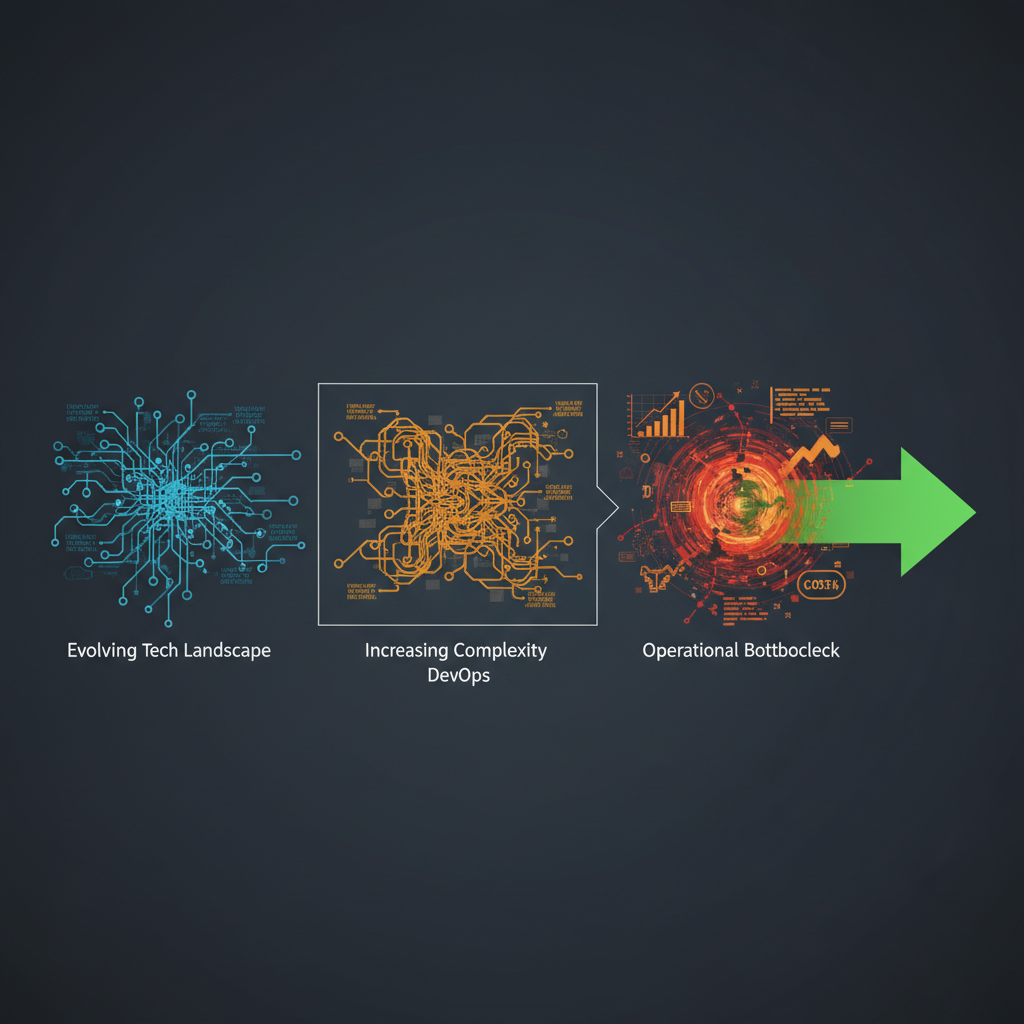 A futuristic digital dashboard displaying development metrics, cloud cost graphs, and an abstract representation of a streamlined development pipeline.