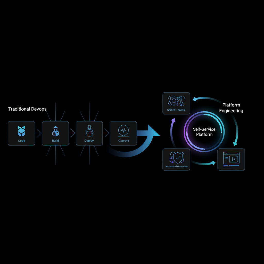 A visual comparison chart highlighting the differences between traditional DevOps and Platform Engineering, using icons to represent "shared responsibility" versus "platform as a product."