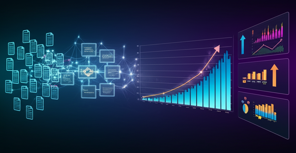A data scientist using Python code to visualize insights from an Excel spreadsheet, with AI symbols integrated