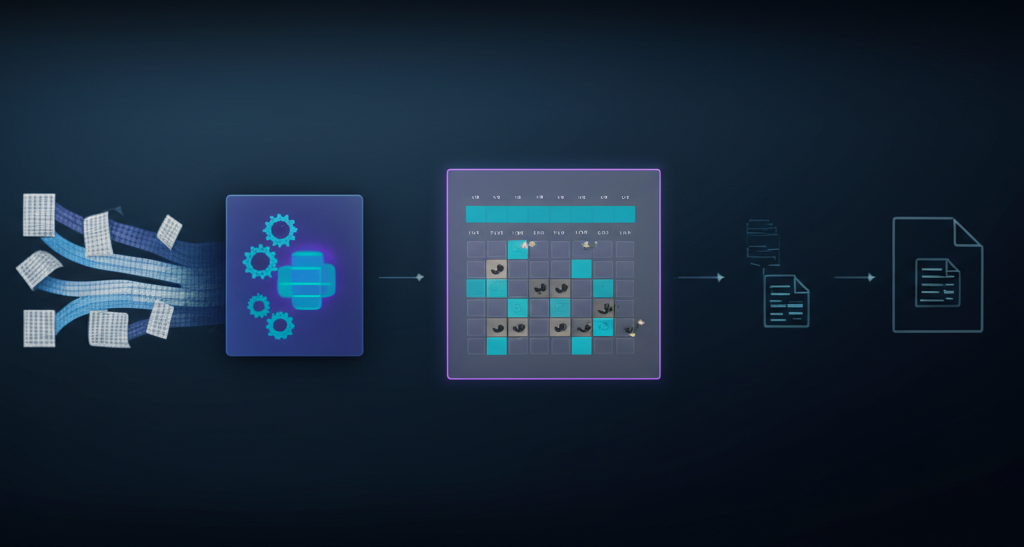Illustration of a robotic arm neatly organizing Excel files, symbolizing automation and efficiency.