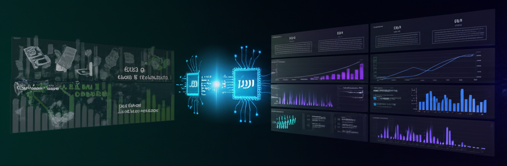 A futuristic office worker smiling as AI processes a complex stack of documents and emails on a holographic interface.