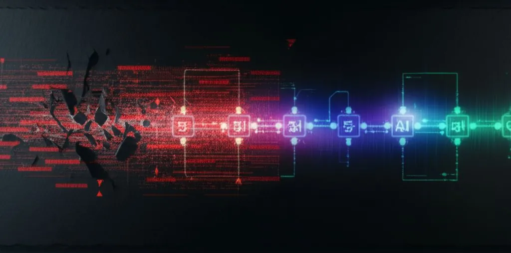 A futuristic city skyline with data streams and AI interfaces seamlessly integrated, symbolizing advanced AI automation.